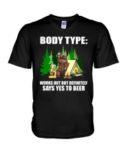WORKS OUT BUT DEFINITELY SAYS YES TO BEER V-Neck T-Shirt thumbnail