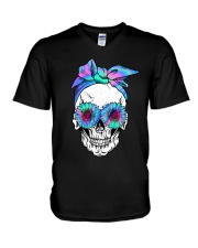 FLOWER BANDANA SKULL V-Neck T-Shirt tile