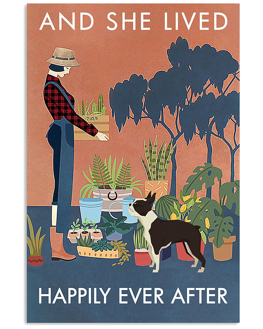 Vintage She Lived Happily Gardening Boston Terrier 16x24 Poster