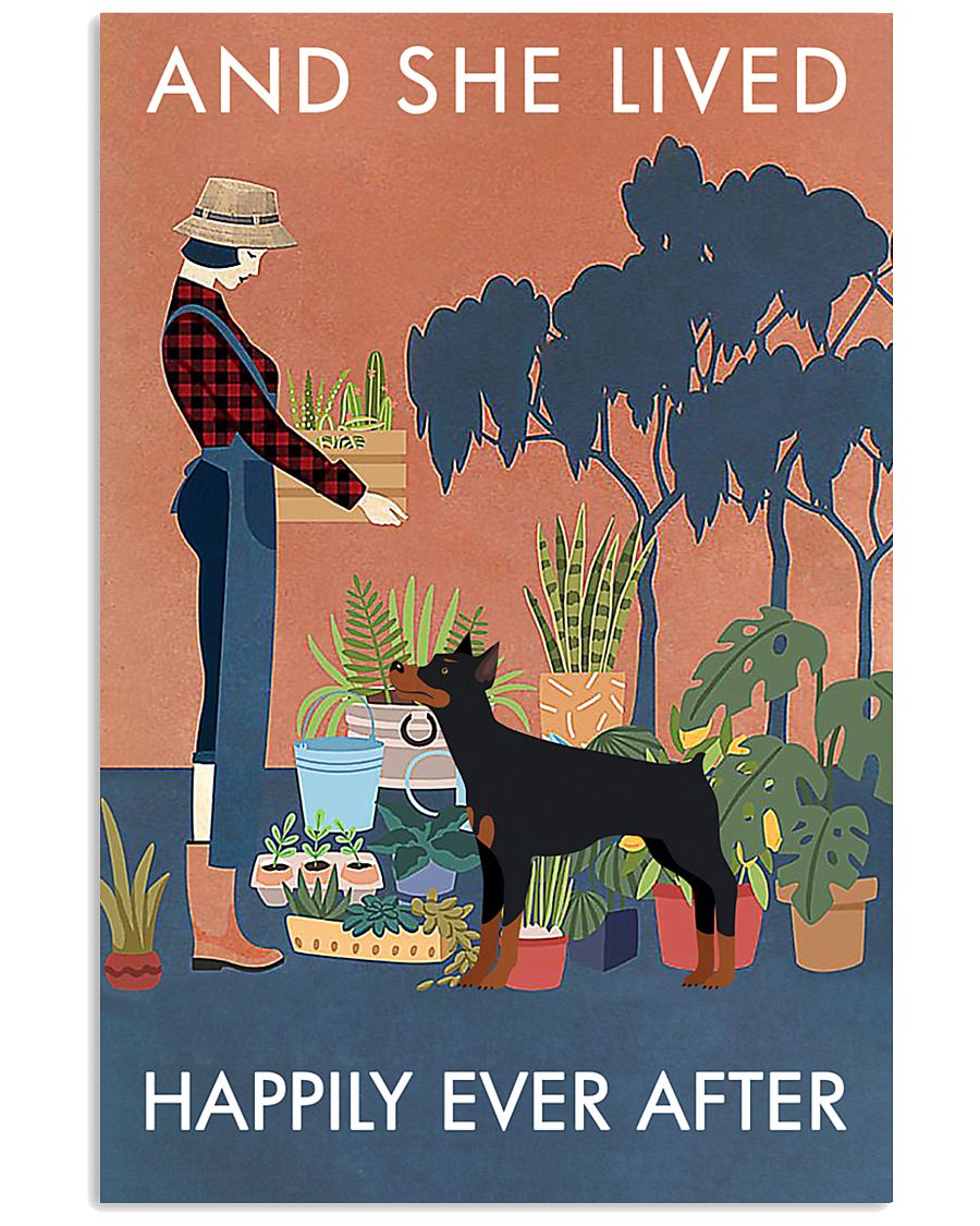 Vintage Lived Happily Gardening Doberman Pinscher 16x24 Poster