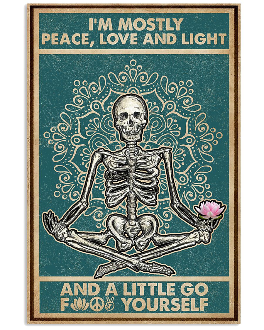 Retro Navy Mostly Peace Skeleton Yoga 16x24 Poster