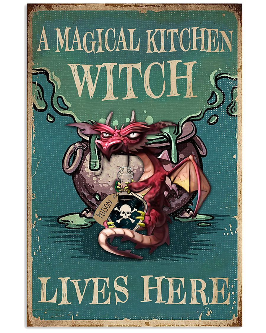 Retro Teal Magical Kitchen Witch Dragon 11x17 Poster