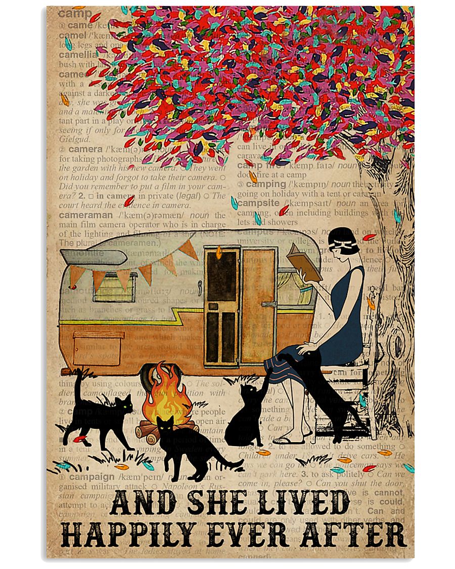 Camping Girl Lived Happily Book Cat 11x17 Poster