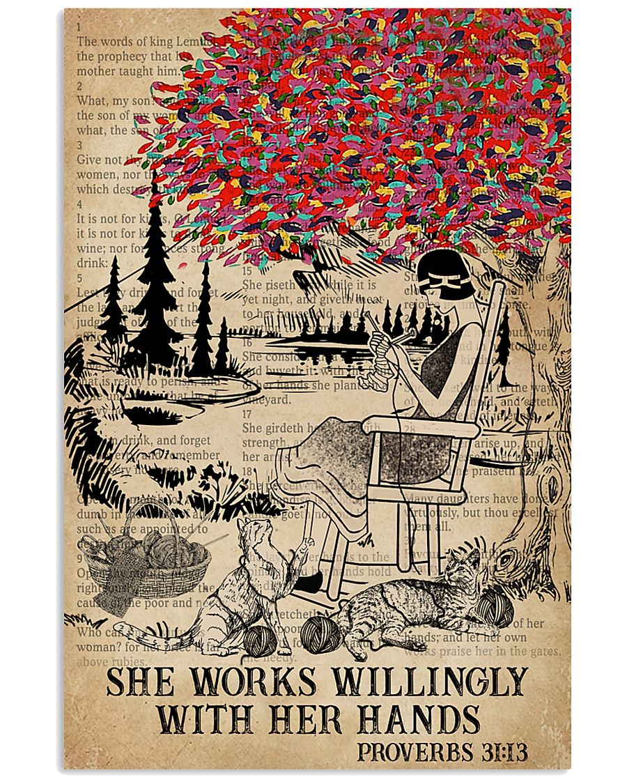 Catchphrase Works Willingly Hand Cat Knitting Girl 11x17 Poster