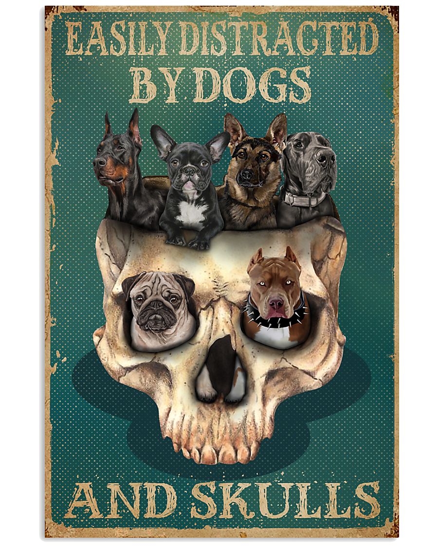 Retro Teal Easily Distracted By Dogs And Skulls 11x17 Poster