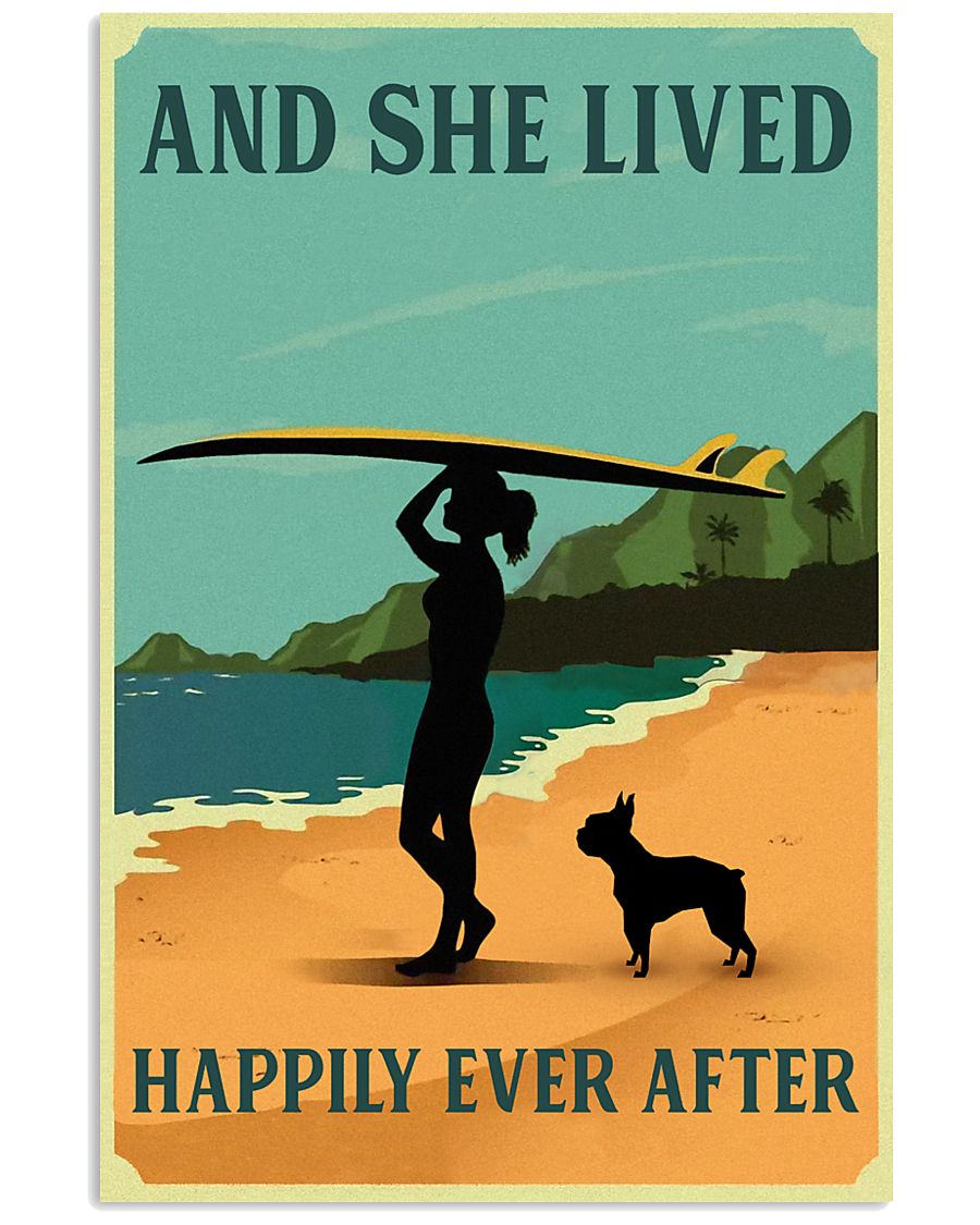 Vintage She Lived Happily Surfing Boston Terrier 11x17 Poster