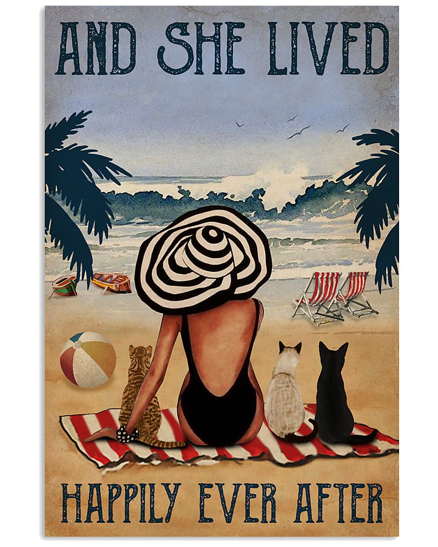 Vintage Beach Lived Happily Cats Girl 11x17 Poster