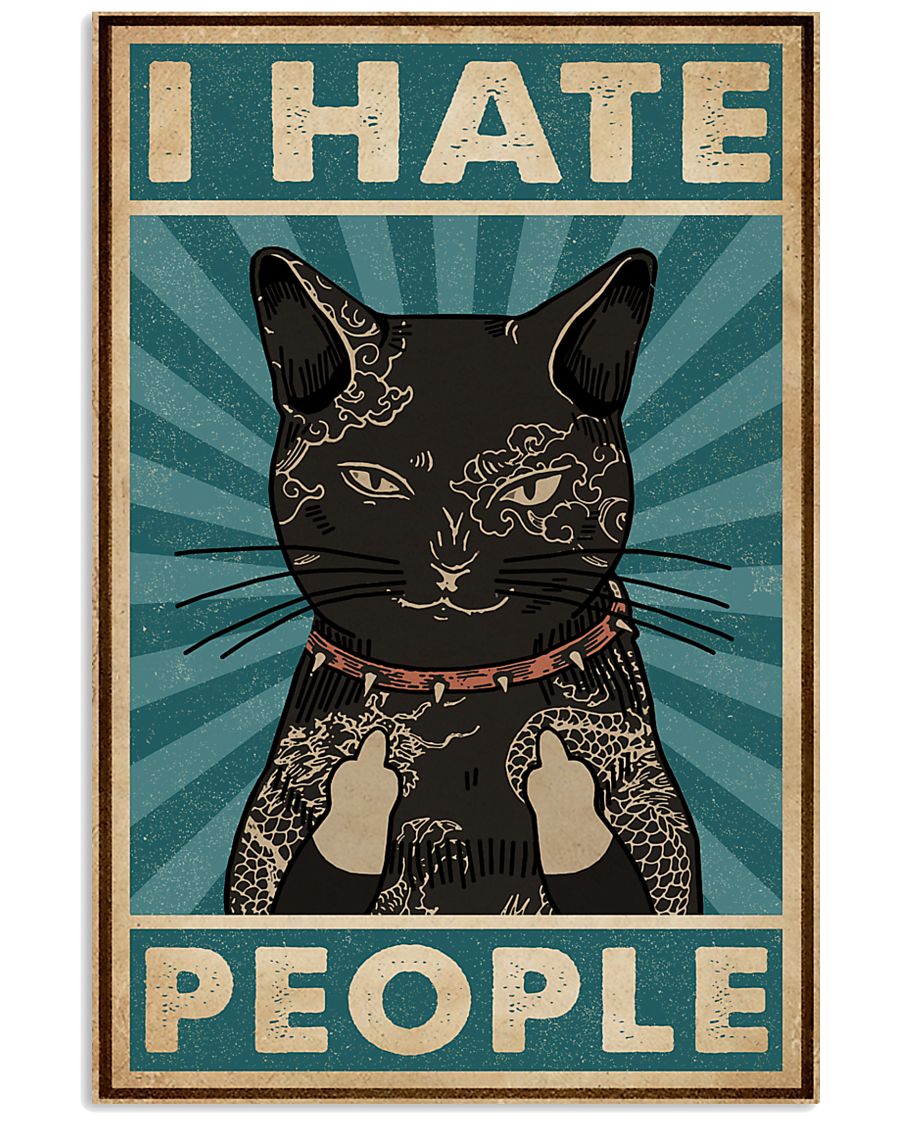 Retro Teal Tattoo Cat I Hate People 11x17 Poster