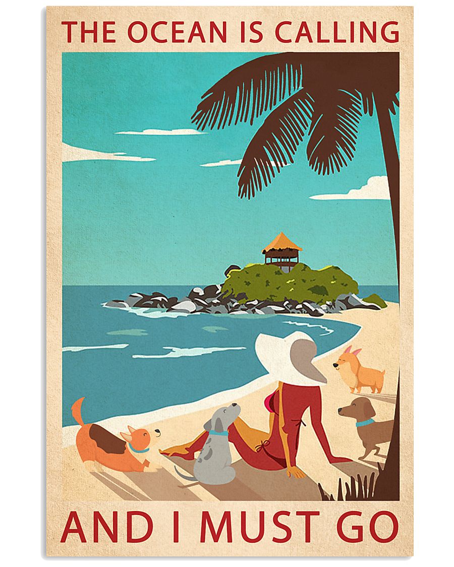 Retro Art The Ocean Is Calling Girl And Dogs 11x17 Poster