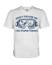Don't Follow Me I Do Stupid Things Skiing V-Neck T-Shirt tile