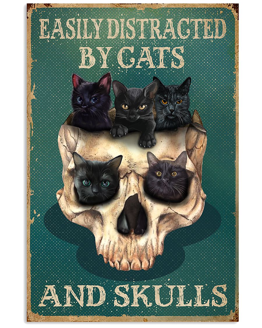 Retro Teal Easily Distracted By Cats And Skulls 16x24 Poster