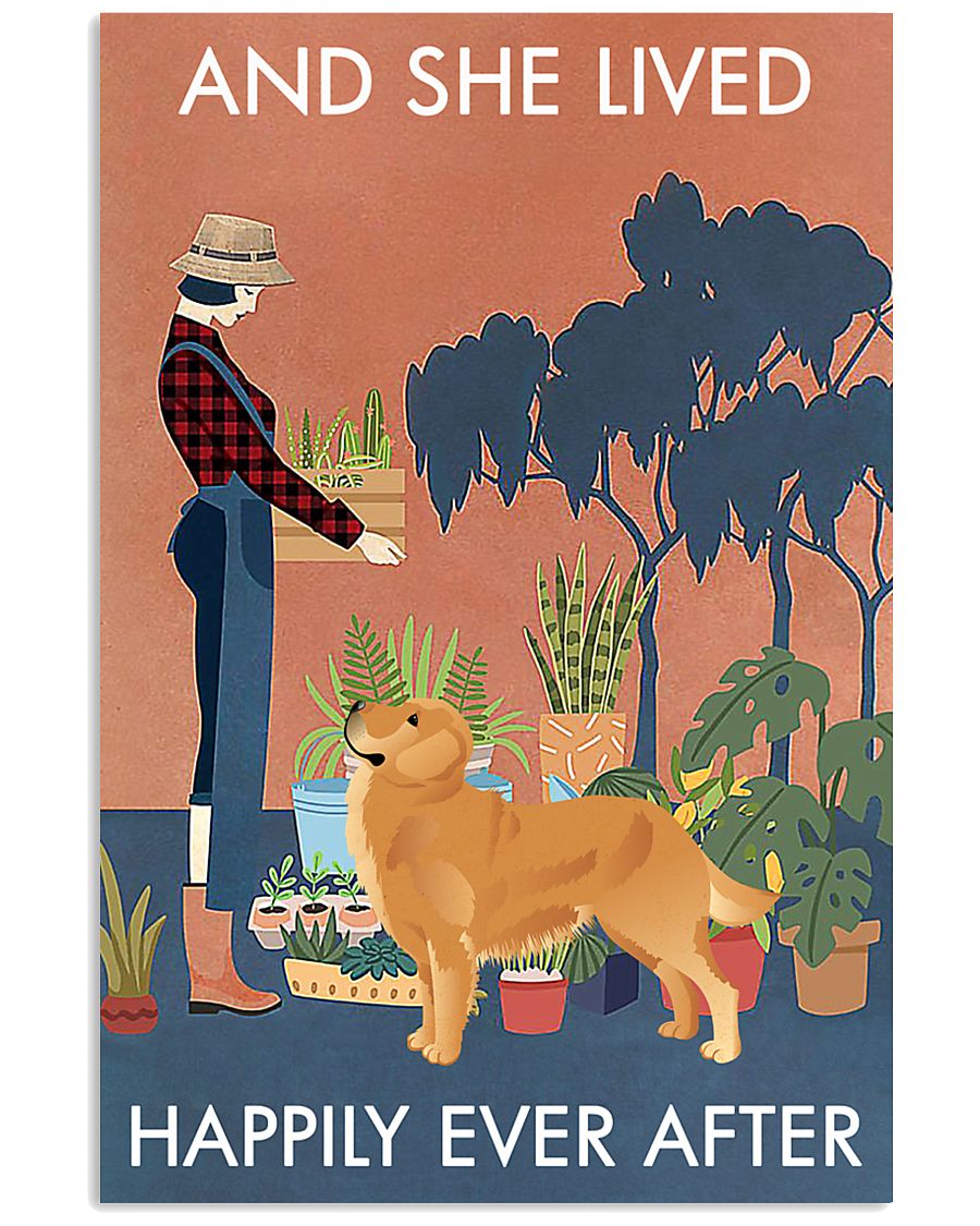 Vintage Lived Happily Gardening Golden Retriever 16x24 Poster