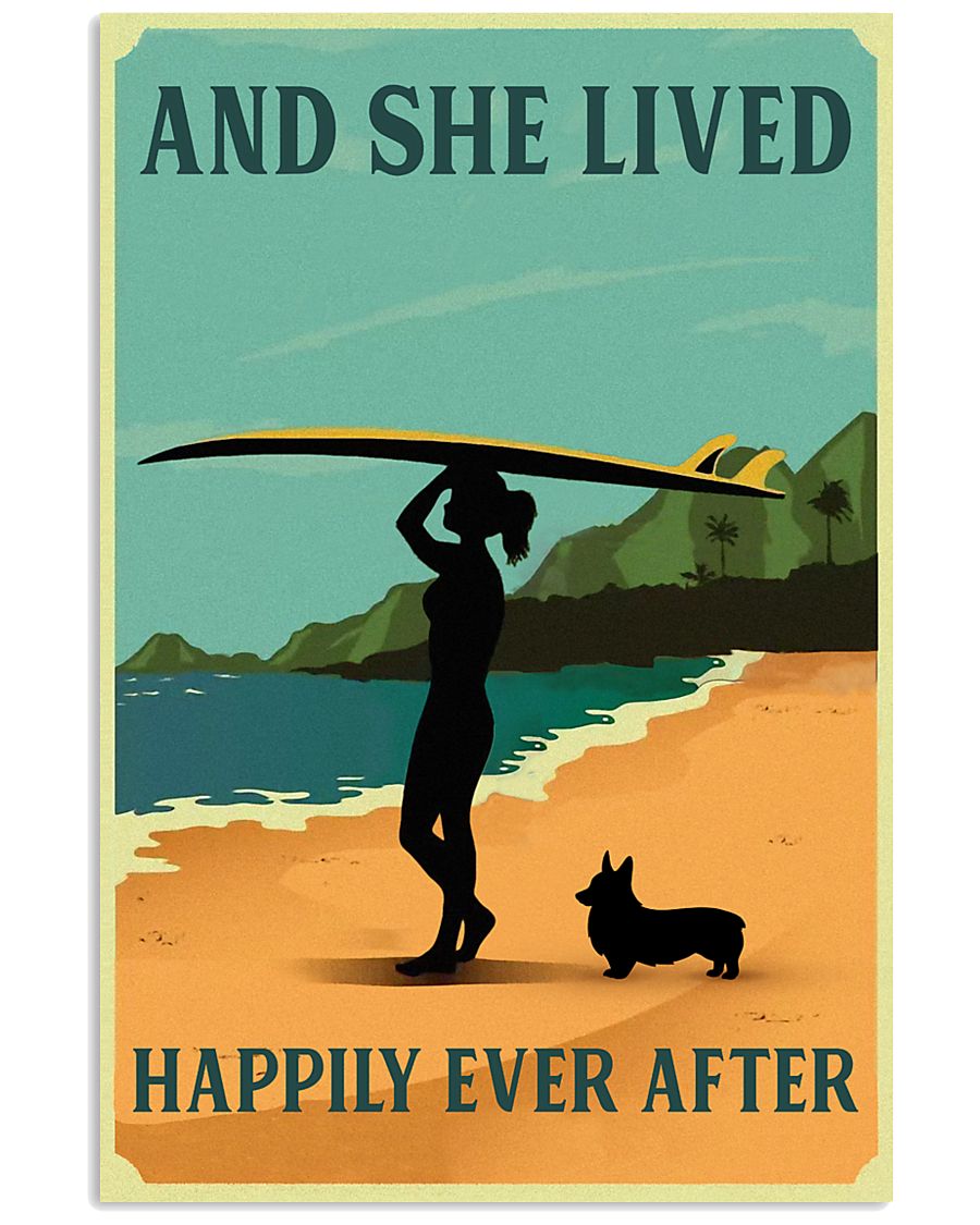 Vintage She Lived Happily Surfing Girl Corgi 11x17 Poster