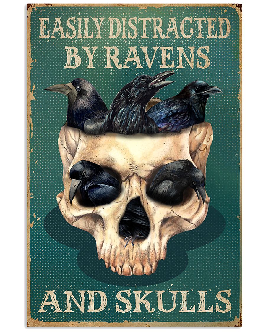 Retro Teal Easily Distracted Ravens And Skulls 11x17 Poster