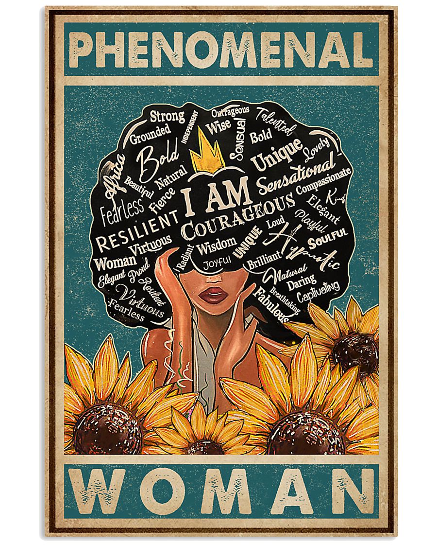 Retro Teal Sunflower Black Phenomenal Woman 11x17 Poster