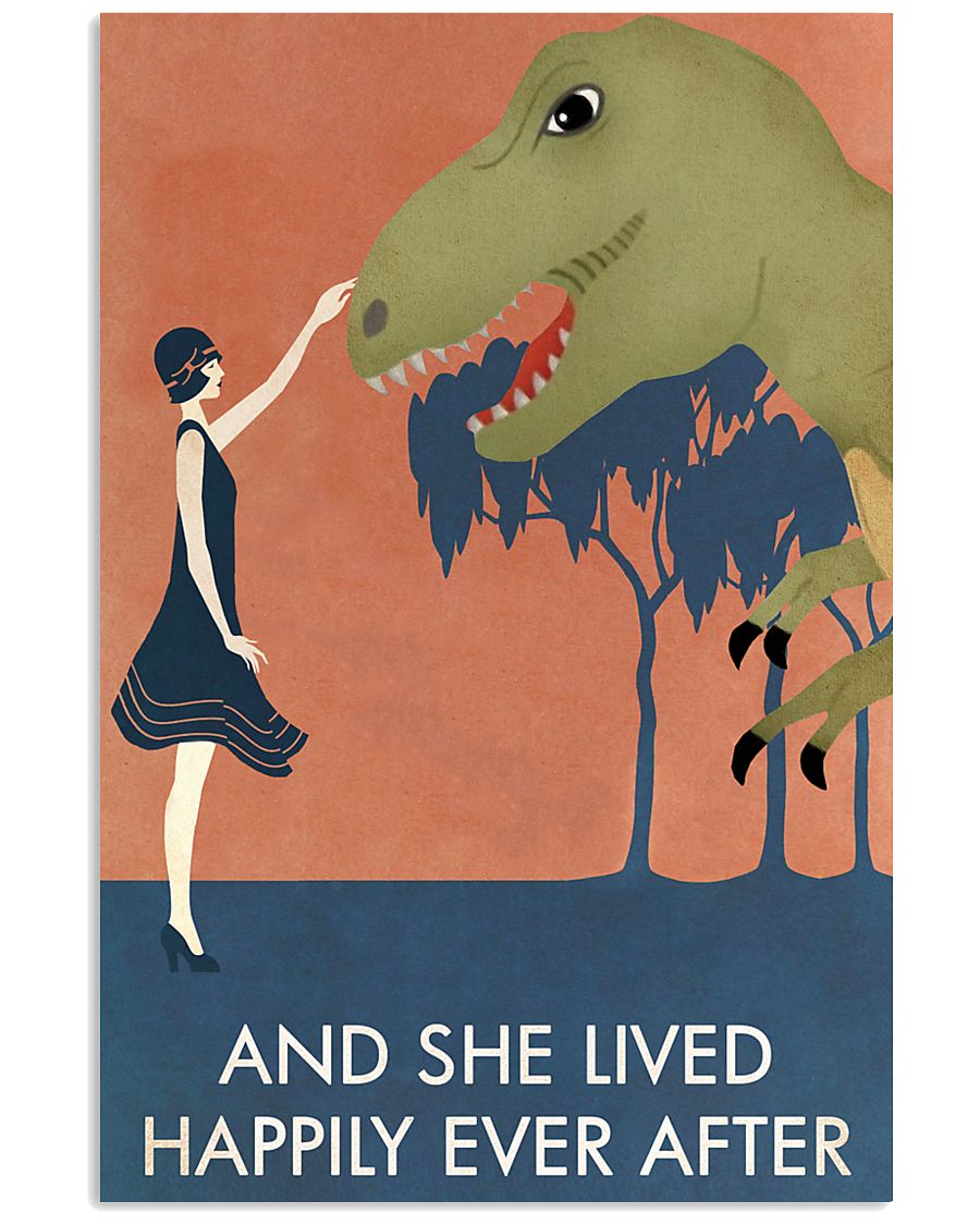 Vintage Girl She Lived Happily Dinosaur 11x17 Poster