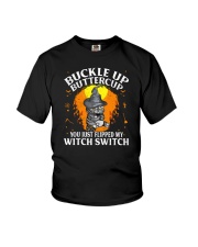 Buckle Up Butter Cup Cat Halloween Youth T-Shirt tile