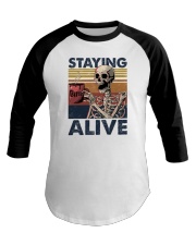 Staying Alive Skeleton Coffee Baseball Tee tile