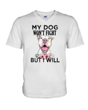 My Dog Won't Fight But I Will Pitbull V-Neck T-Shirt tile