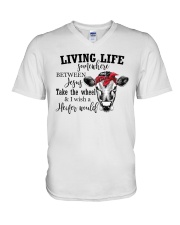 Living Live Somewhere Between Jesus Heifer V-Neck T-Shirt tile