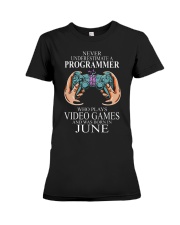Never underestimate a programmer loves gaming Premium Fit Ladies Tee tile