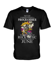 Never underestimate a programmer loves Rock V-Neck T-Shirt tile