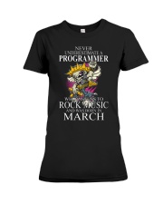 Never underestimate a programmer loves Rock Premium Fit Ladies Tee tile