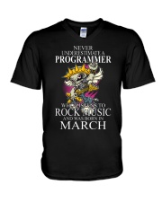 Never underestimate a programmer loves Rock V-Neck T-Shirt tile