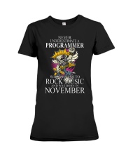 Never underestimate a programmer loves Rock Premium Fit Ladies Tee tile