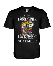 Never underestimate a programmer loves Rock V-Neck T-Shirt tile