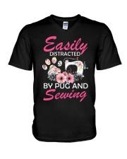 Easily Distracted By Pug And Sewing V-Neck T-Shirt tile