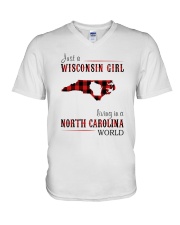 JUST A WISCONSIN GIRL IN A NORTH CAROLINA WORLD V-Neck T-Shirt thumbnail