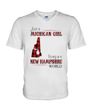 JUST A MICHIGAN GIRL IN A NEW HAMPSHIRE WORLD V-Neck T-Shirt thumbnail
