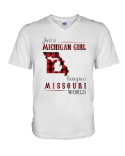JUST A MICHIGAN GIRL IN A MISSOURI WORLD V-Neck T-Shirt thumbnail