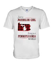 JUST A MICHIGAN GIRL IN A PENNSYLVANIA WORLD V-Neck T-Shirt thumbnail