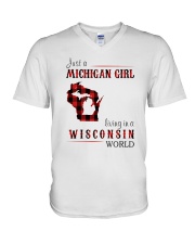 JUST A MICHIGAN GIRL IN A WISCONSIN WORLD V-Neck T-Shirt thumbnail