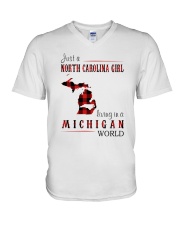 JUST A NORTH CAROLINA GIRL IN A MICHIGAN WORLD V-Neck T-Shirt thumbnail