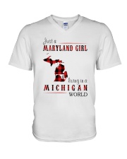 JUST A MARYLAND GIRL IN A MICHIGAN WORLD V-Neck T-Shirt thumbnail
