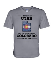 LIVE IN UTAH BUT I'LL HAVE COLORADO IN MY DNA V-Neck T-Shirt thumbnail