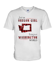 JUST AN OREGON GIRL IN A WASHINGTON WORLD V-Neck T-Shirt thumbnail
