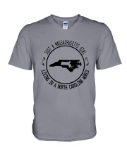 MASSACHUSETTS GIRL LIVING IN NORTH CAROLINA WORLD V-Neck T-Shirt thumbnail
