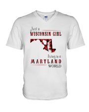 JUST A WISCONSIN GIRL IN A MARYLAND WORLD V-Neck T-Shirt thumbnail