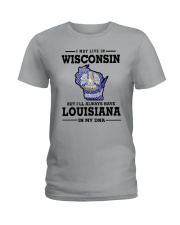 LIVE IN WISCONSIN BUT LOUISIANA IN MY DNA Ladies T-Shirt front