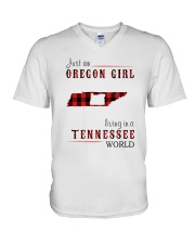 JUST AN OREGON GIRL IN A TENNESSEE WORLD V-Neck T-Shirt thumbnail
