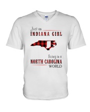 JUST AN INDIANA GIRL IN A NORTH CAROLINA WORLD V-Neck T-Shirt thumbnail