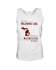 JUST AN OKLAHOMA GIRL IN A MICHIGAN WORLD Unisex Tank thumbnail
