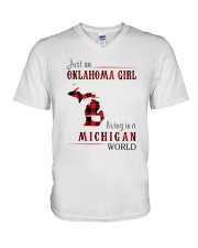 JUST AN OKLAHOMA GIRL IN A MICHIGAN WORLD V-Neck T-Shirt thumbnail
