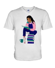 Girl Reading Book V-Neck T-Shirt tile