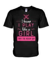 Girl play hockey V-Neck T-Shirt tile