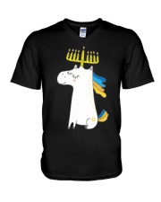 Unicorn Menorah V-Neck T-Shirt tile